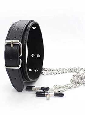 New Leather Choker Collar With Nipple Breast Clamp Clip Chai
