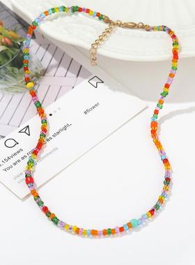 Short neck chain Hand Beaded colorful rice Bead Necklace