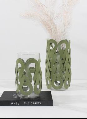 现代轻奢皮质编织纹直筒玻璃花瓶客厅餐厅桌面装饰花器软装饰品