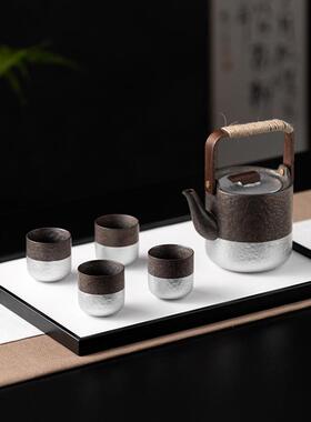 新中式鎏银茶具茶盘托盘组合摆件茶道茶室茶几样板间装饰软装搭配