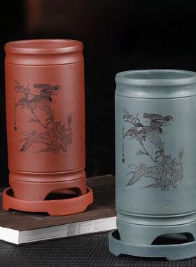 宜兴紫砂花盆签筒古红泥中号兰花盆带底座多肉菖蒲盆园艺花卉