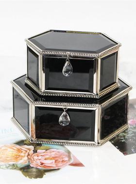 电镀工艺黑镜六边形首饰盒翻盖古典珠宝盒饰物收纳盒玻璃花器摆件