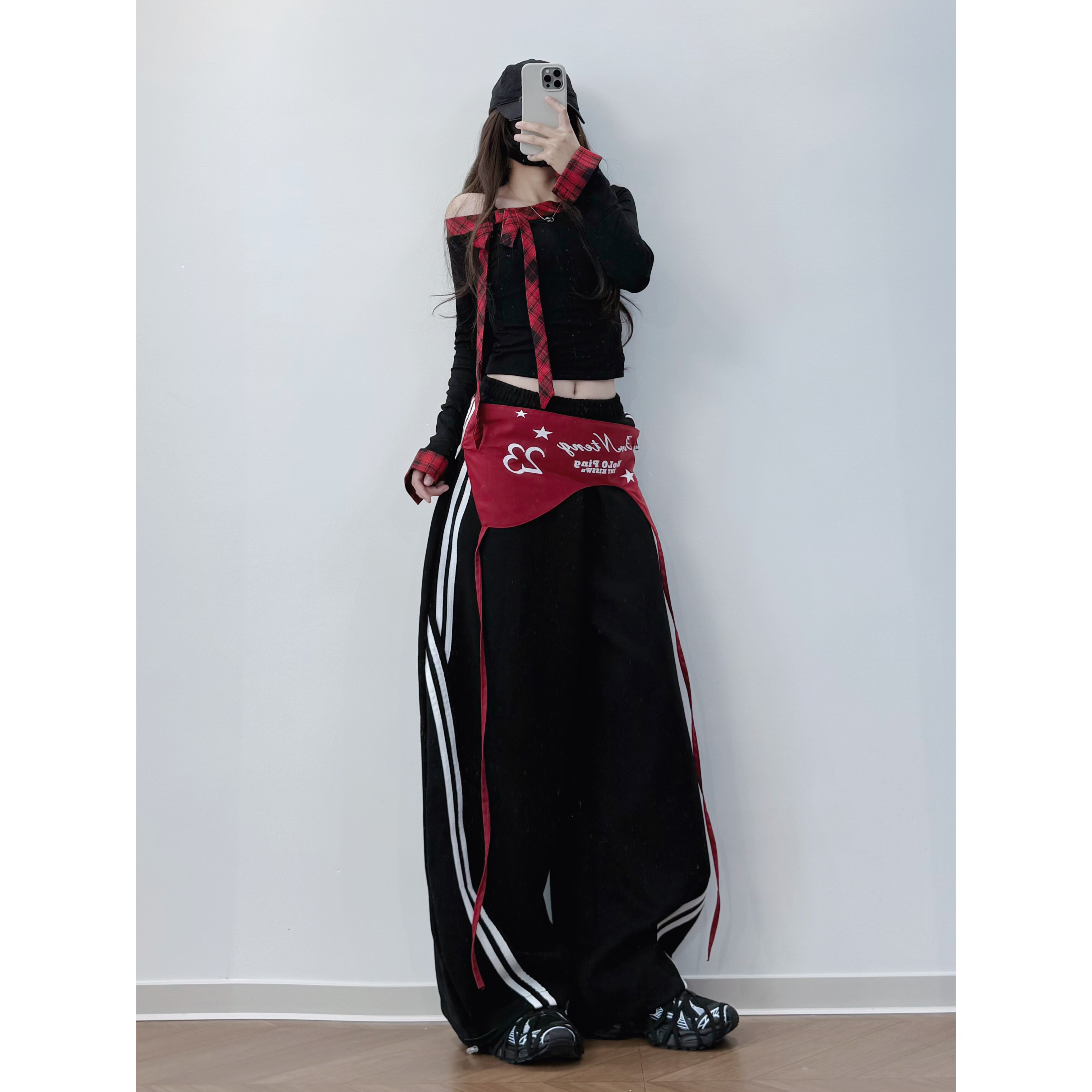 XXBUNI秋冬跳舞穿搭女黑色条纹拼接休闲裤女宽松阔腿裤爵士舞裤子,淘宝优惠券,粉丝福利购,淘宝优惠卷