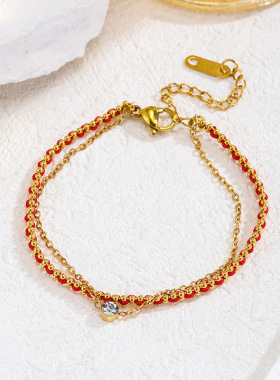 法国同款双层闪钻锆石红绳手链幸运情侣款闺蜜手链钛钢本命年手链