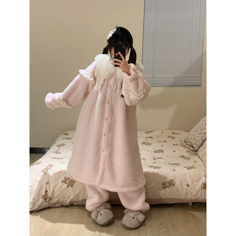 少女甜美可爱花边珊瑚绒睡衣女冬季加绒加厚睡袍长裤家居服两件套 - 图1