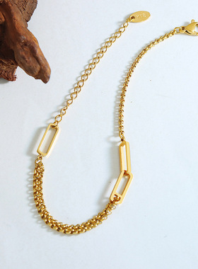 ins圣诞节几何镂空长方形双层链条手链女钛钢镀18K金手饰 E179