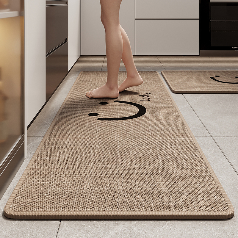 笑脸厨房地垫吸水编制亚麻脚垫高级感耐脏免洗防摔垫厕所门口软垫 - 图0