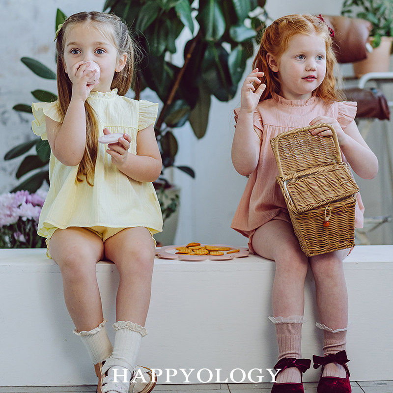 Happyology英国儿童春夏新品小飞袖童装花边立领套装肌理女童上衣,淘宝优惠券,粉丝福利购,淘宝优惠卷