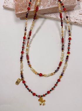 复古安可拉红敦煌系彩色红玛瑙叠戴串珠项链马上有钱寓意小众颈