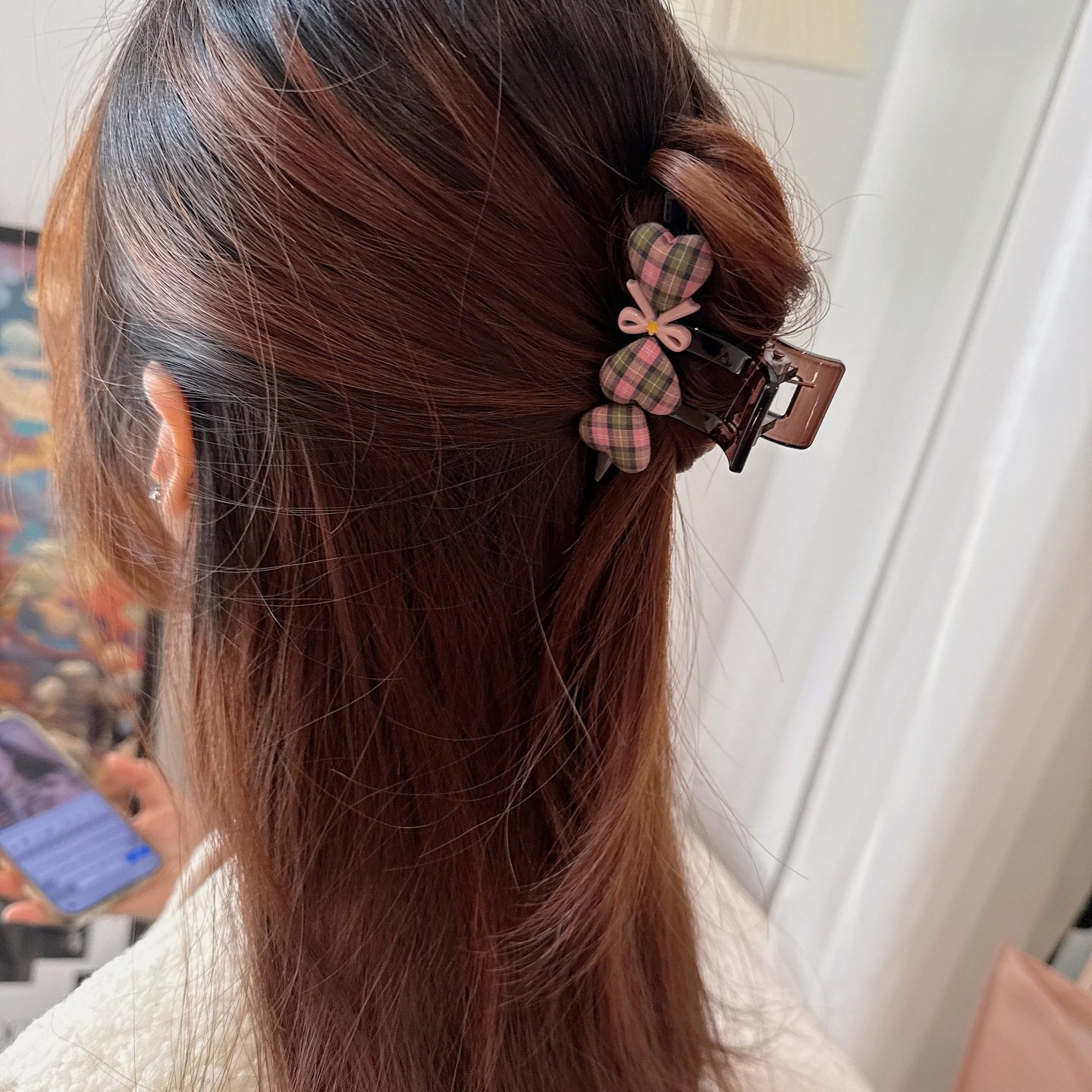 学院风格纹爱心蝴蝶结抓夹少女气质中号鲨鱼夹后脑勺半扎拼色发卡,淘宝优惠券,粉丝福利购,淘宝优惠卷