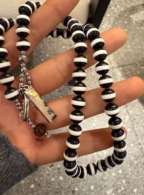 韩国车静媛同款毛刷流苏项链ins小众设计长款毛衣链黑白珠锁骨链