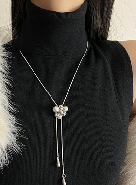 锆石珍珠流苏抽拉式项链女小众轻奢感水滴吊坠长款毛衣链配饰