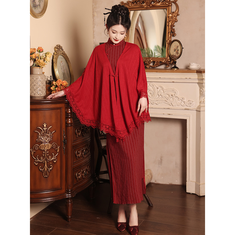 新中式披肩搭配旗袍敬酒服红色开衫国风小外套结婚斗篷针织春秋季 - 图1