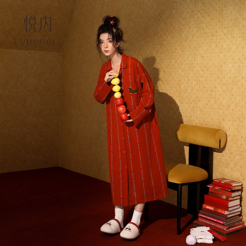 悦内睡裙女睡衣春秋季纯棉长袖长款宽松大码条纹开衫大红色本命年,淘宝优惠券,粉丝福利购,淘宝优惠卷