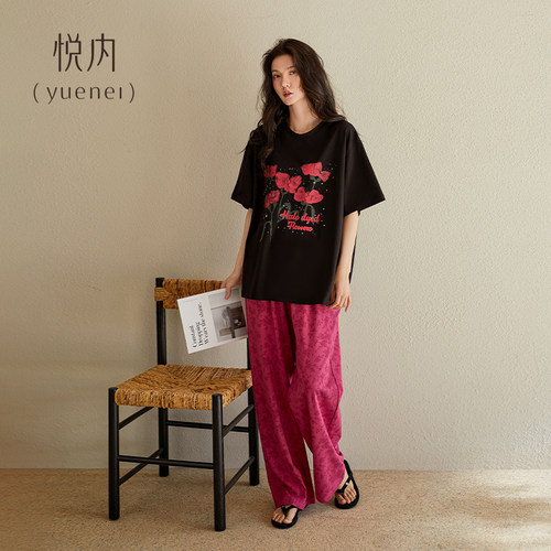 悦内睡衣女士夏季夏天纯棉短袖长裤家居服时尚宽松休闲玫瑰高级感 - 图2