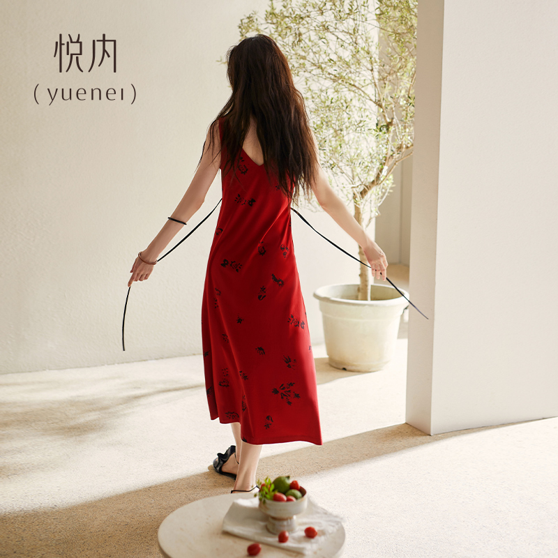 悦内带胸垫睡裙女款睡衣夏季夏天莫代尔无袖吊带背心连衣裙子红色 - 图2