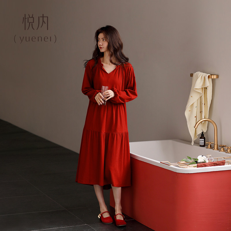 悦内睡裙女睡衣春秋季秋款长袖纯棉大红色本命年马年新年大码长款,淘宝优惠券,粉丝福利购,淘宝优惠卷