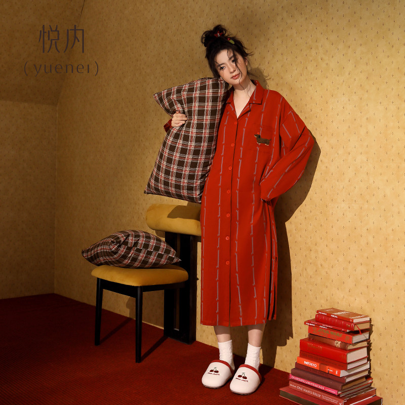 悦内睡裙女睡衣春秋季纯棉长袖长款宽松大码条纹开衫大红色本命年,淘宝优惠券,粉丝福利购,淘宝优惠卷