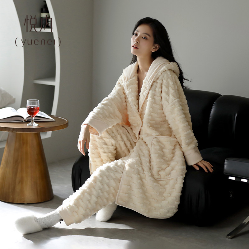 睡衣女士睡袍秋冬季冬款珊瑚绒加厚加绒法兰绒家居服连帽长款套装,淘宝优惠券,粉丝福利购,淘宝优惠卷