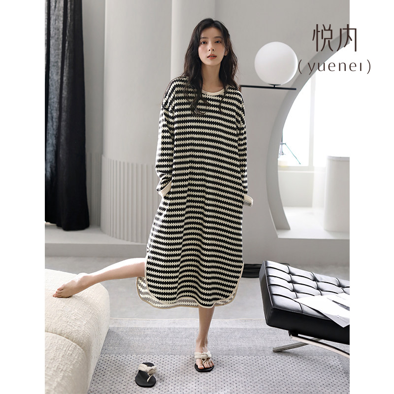 悦内睡裙女士睡衣春秋季秋款纯棉长袖长裙大码条纹休闲可外穿出门,淘宝优惠券,粉丝福利购,淘宝优惠卷