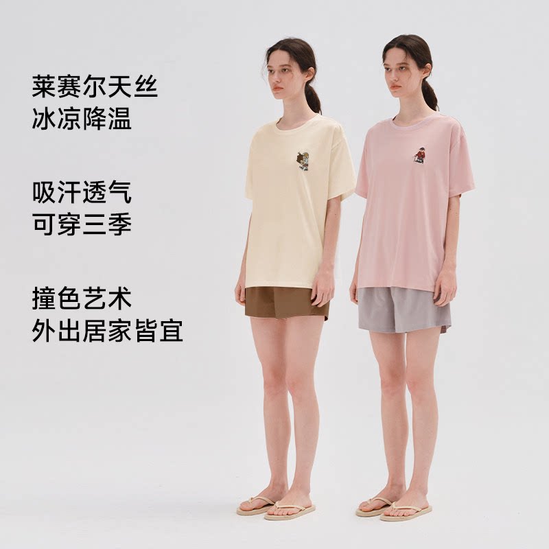 TeenieWeenie小熊莱赛尔冰丝睡衣带胸垫一体女夏季情侣家居服套装
