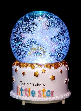 创意学生家居摆件月亮梦幻白色马水晶球 旋转带灯雪花水球音乐盒