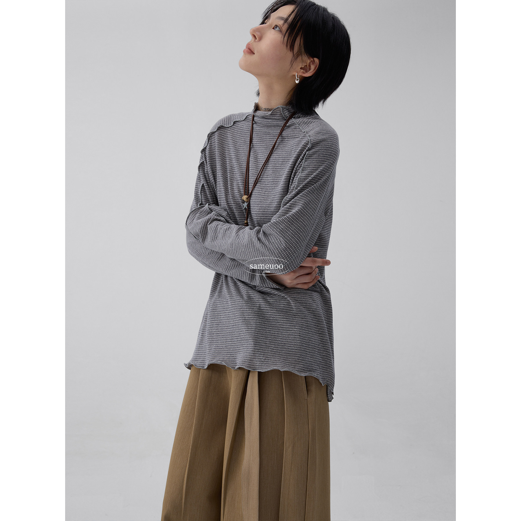 sameuoo散养文化蓝色条纹半高领内搭打底衫秋冬长袖t恤女新款上衣,淘宝优惠券,粉丝福利购,淘宝优惠卷