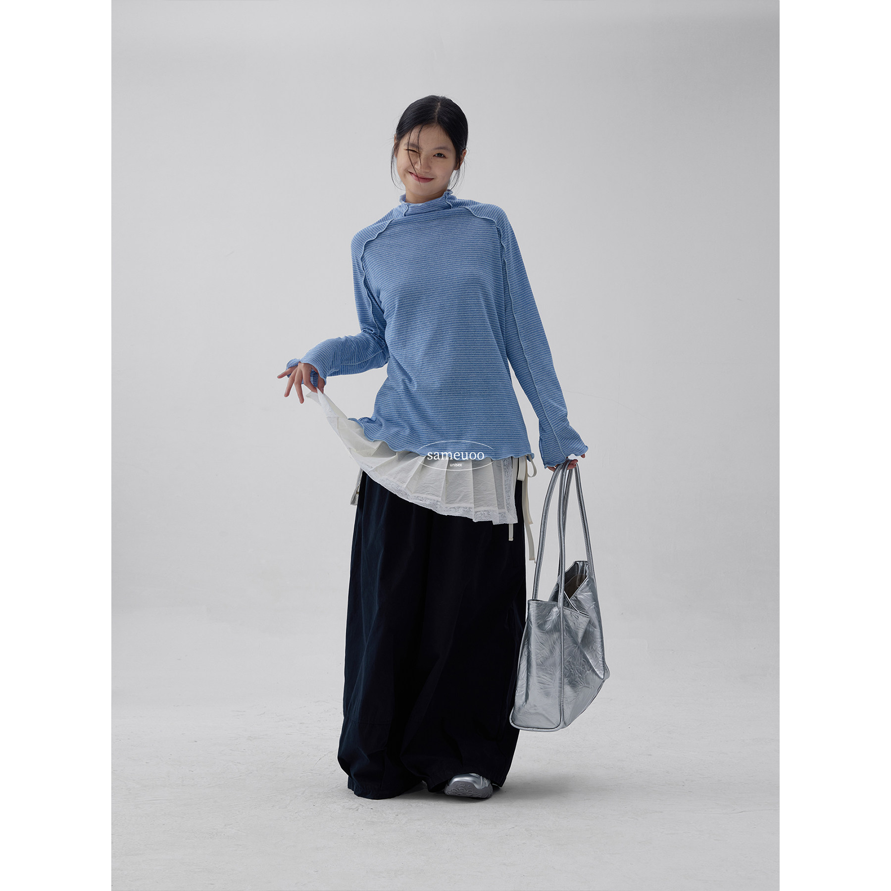 sameuoo散养文化蓝色条纹半高领内搭打底衫秋冬长袖t恤女新款上衣,淘宝优惠券,粉丝福利购,淘宝优惠卷