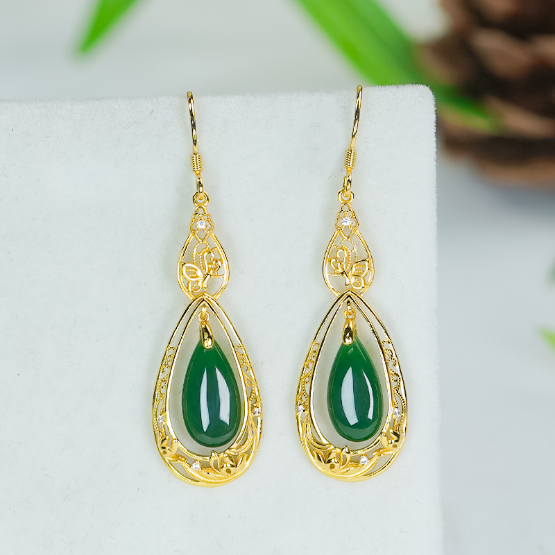 洛丽亚天然和田玉蝴蝶莲花设计银镶嵌精致碧玉菠菜绿水滴耳环耳钩,淘宝优惠券,粉丝福利购,淘宝优惠卷