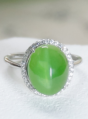 生日礼物送老婆天然和田玉银镶时尚大气简约风碧玉菠菜绿猫眼戒指