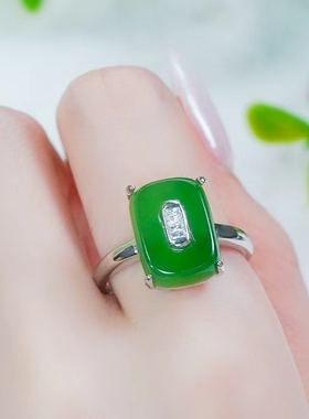 七夕送礼S925银镶嵌天然和田碧玉简约方糖戒指情人节礼物首选