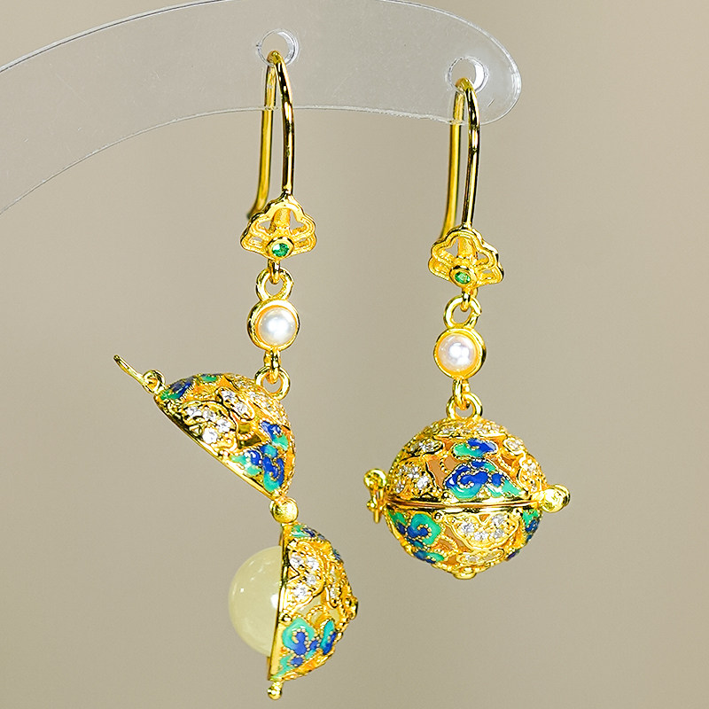 送爱人时尚精致珐琅雕花银镶天然和田玉白玉香囊圆珠耳环耳坠耳钩,淘宝优惠券,粉丝福利购,淘宝优惠卷