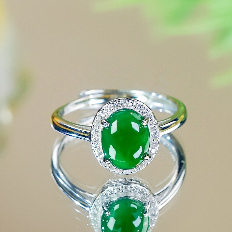 Valentine's Day Gift Silver Inlaid Natural Jade A-grade Exquisite and Simple Full Green Cabochon Jade Ring