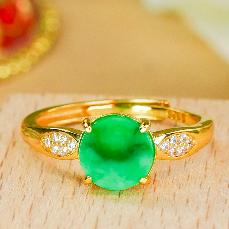 Silver inlaid natural jade ring A-grade fashionable light luxury ancient style women's full green jade green round brand living ring