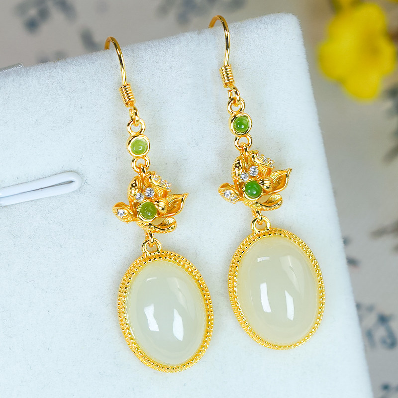 送礼一点绿天然和田玉银镶嵌新中式国风荷花白玉蛋面耳环耳坠耳钩,淘宝优惠券,粉丝福利购,淘宝优惠卷