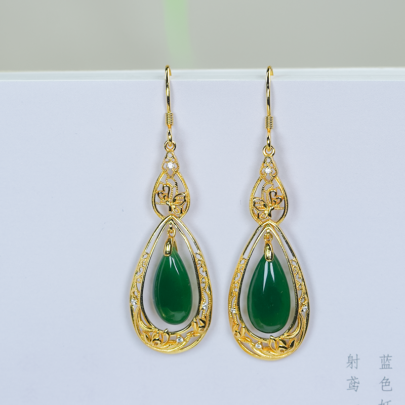 洛丽亚天然和田玉蝴蝶莲花设计银镶嵌精致碧玉菠菜绿水滴耳环耳钩,淘宝优惠券,粉丝福利购,淘宝优惠卷