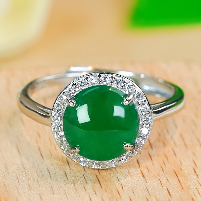 Valentine's Day Gift Silver Inlaid Natural Jade A-grade Fashionable Simple Full Green Cabochon Jade Ring