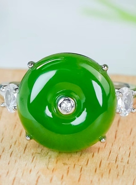 天然和田玉平安扣戒指银镶嵌时尚简约碧玉圆牌活口戒