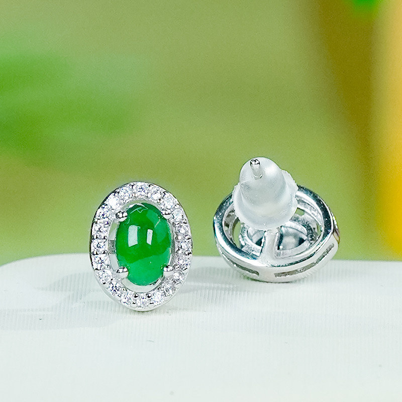 天然翡翠a货银镶嵌气质优雅轻奢简镶椭圆蛋面耳钉情人节礼物,淘宝优惠券,粉丝福利购,淘宝优惠卷