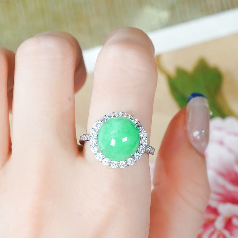 Silver inlaid natural Burmese jade ring A-grade fashionable and full of green sun green jade egg-faced open ring