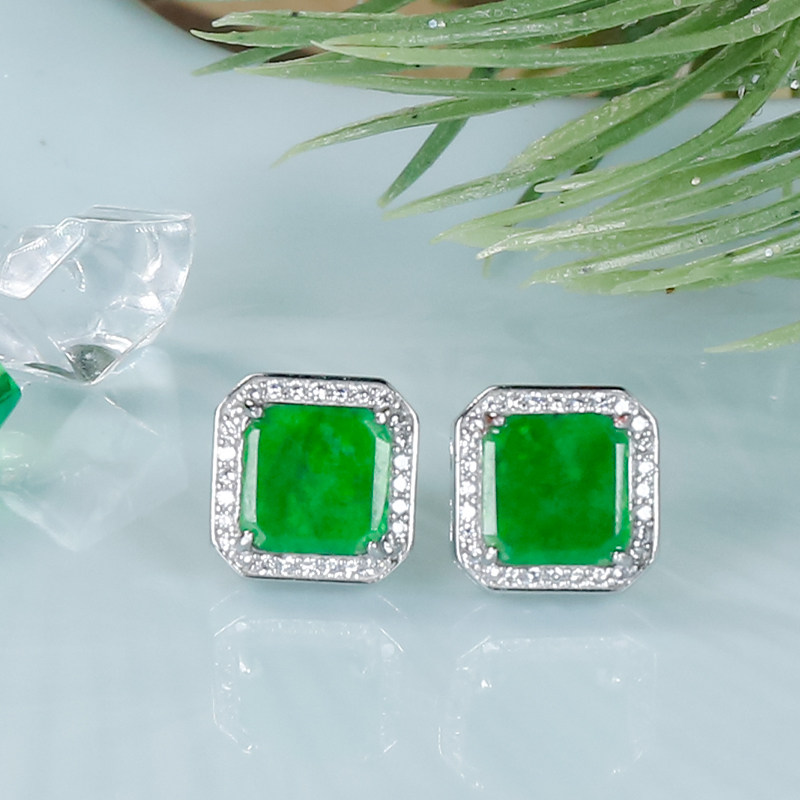 生日礼物送老婆天然翡翠A货银镶满绿精致时尚方形小方糖方牌耳钉,淘宝优惠券,粉丝福利购,淘宝优惠卷