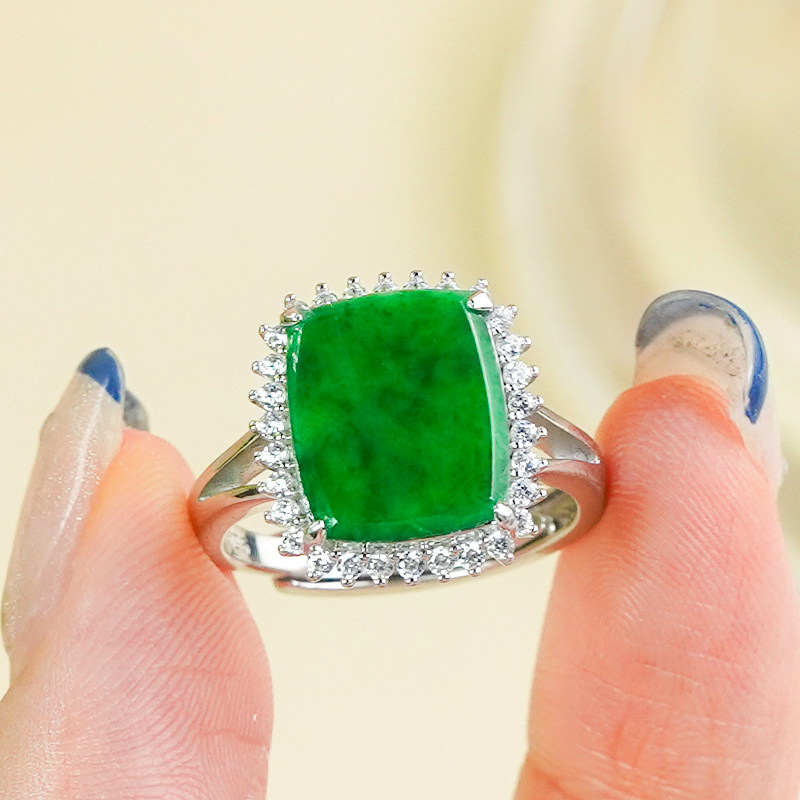 Silver inlaid natural A-quality jade ring A-quality square brand open ring