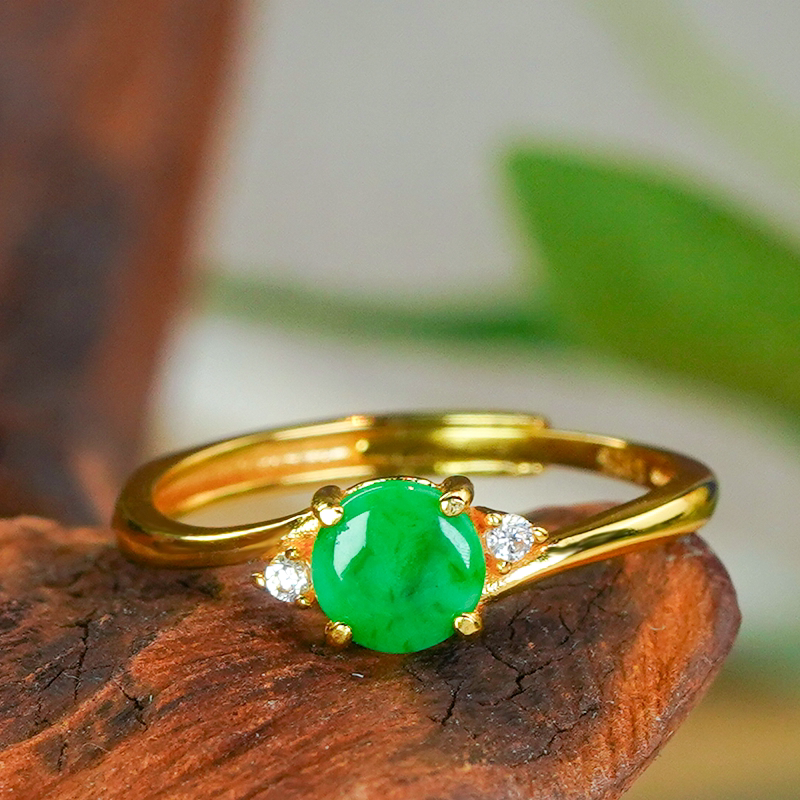Natural Burmese material A grade jade ring with silver inlay, fashionable and simple full green jade green round brand live ring for women