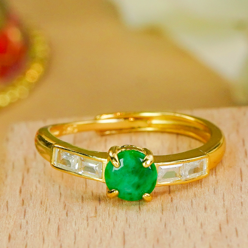 Silver inlaid natural jade ring A-grade fashionable and simple green jade round ring