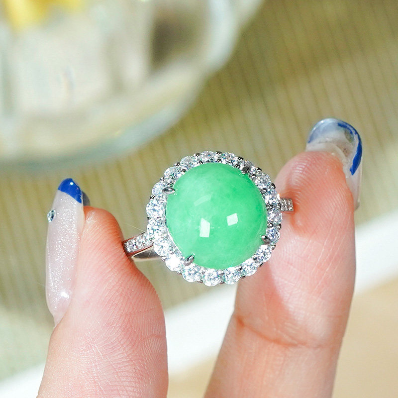 Silver inlaid natural Burmese jade ring A-grade fashionable and full of green sun green jade egg-faced open ring