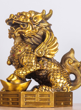 全铜八卦麒麟摆件一对中式纯黄铜财福火麒麟乔迁新居店铺开业礼品