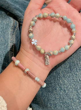 撞色寿山石串珠手链女夏ins小众设计感弹力手串轻奢网红气质手饰