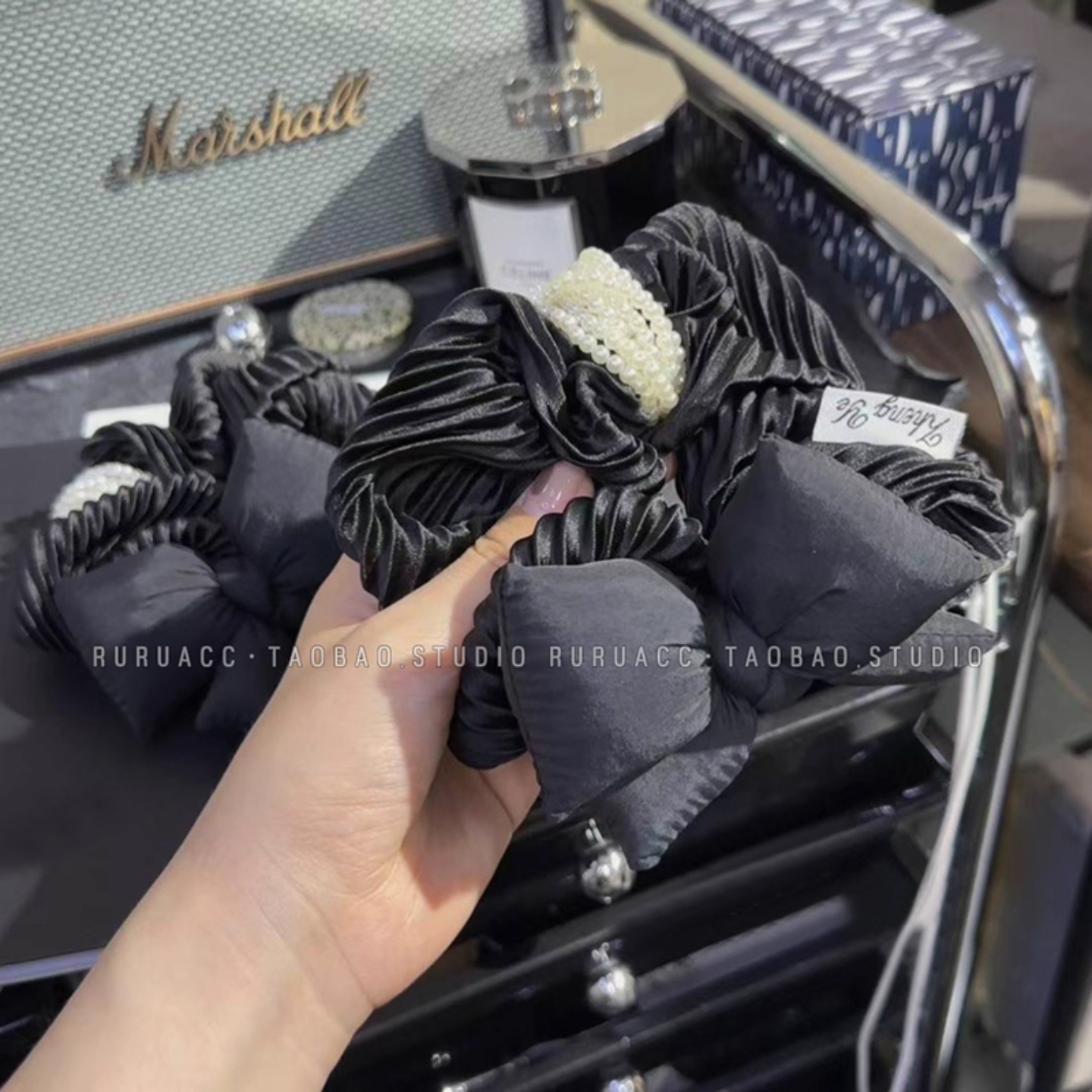 风琴褶黑色充绵立体蝴蝶结大肠发圈高级感发绳女丸子头扎头发头绳 - 图0