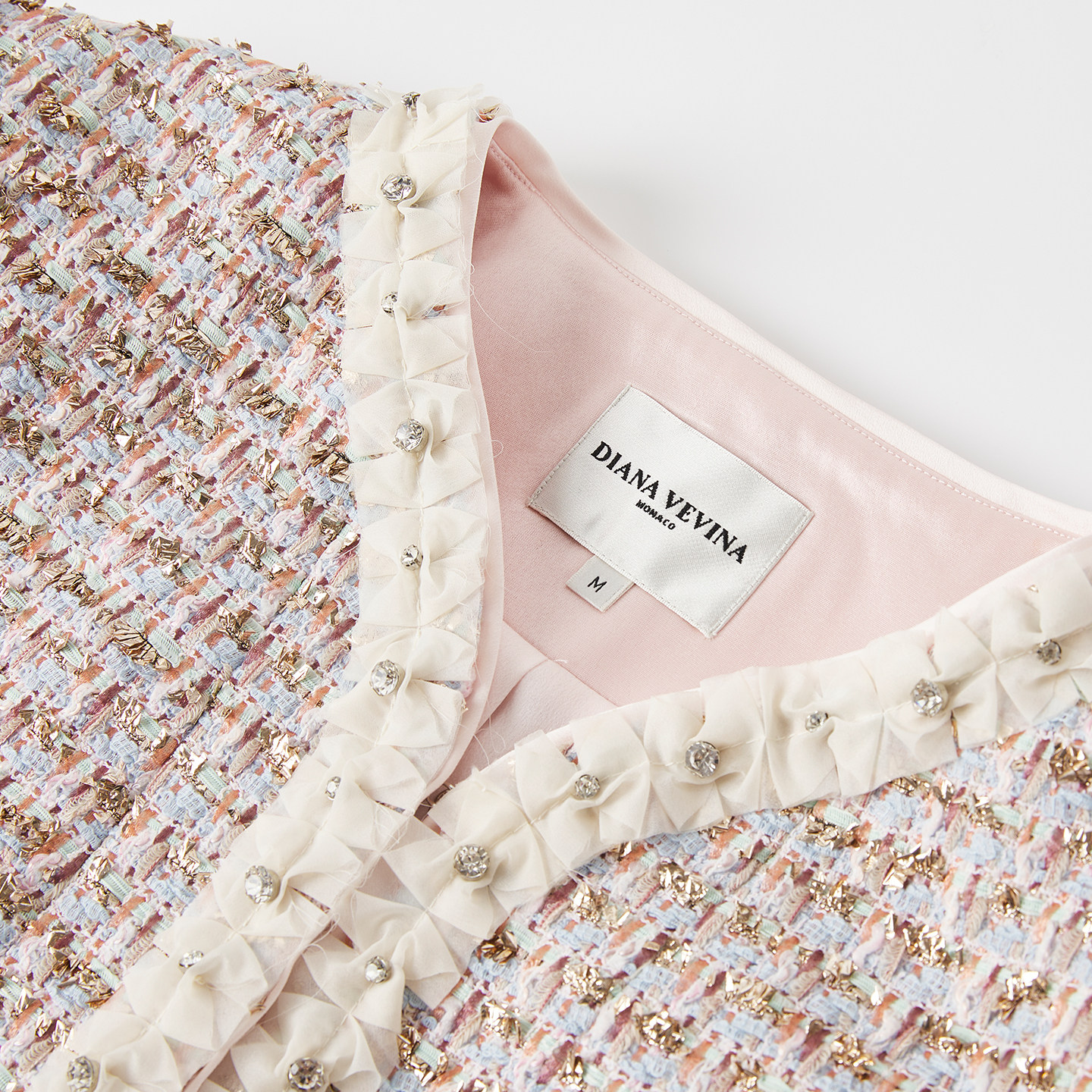 DIANAVEVINA2026春季新款小香风粗花呢欧根纱花边V领修身女短外套,淘宝优惠券,粉丝福利购,淘宝优惠卷