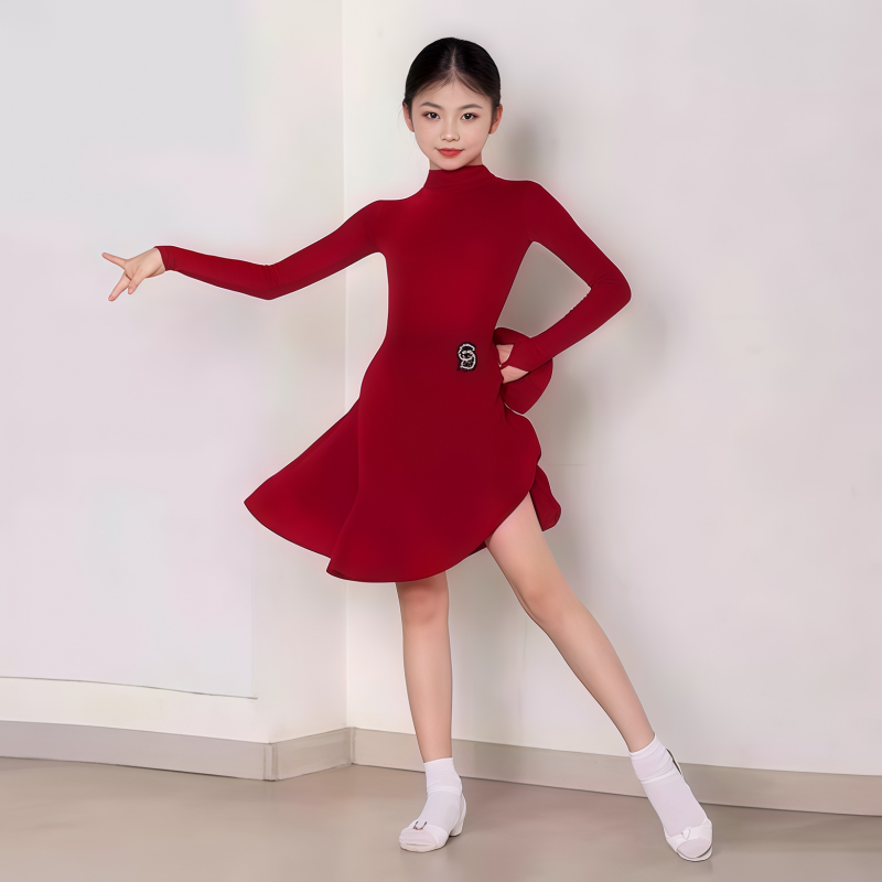 意涵冠军风女童拉丁舞比赛服专业长袖后V丝绒规定服高级感大摆裙 - 图1
